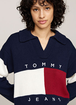 Tommy Jeans Gömlek Yaka Standart Çizgili Lacivert Kazak Kadın TJW RWB FLAG RUGBY SWEATER EXT