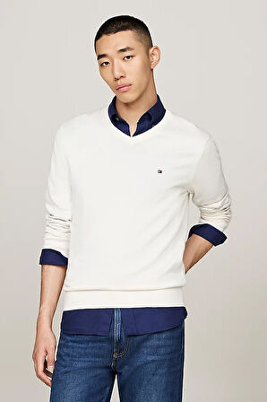 Erkek V Yaka Bayrak Nakışlı Kazak - Beyaz | 2XL