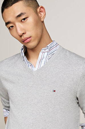 Erkek V Yaka Pamuklu Triko Kazak - Gri | S