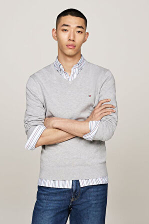 Erkek V Yaka Pamuklu Triko Kazak - Gri | M