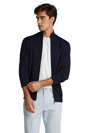 Erkek Fermuarlı Dik Yaka Pamuklu Triko Hırka - Lacivert | XS