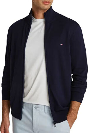 Erkek Fermuarlı Dik Yaka Pamuklu Triko Hırka - Lacivert | XS