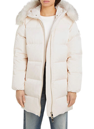 Tommy Hilfiger Beyaz Kadın Şişme Mont MW DOWN SHIMMER COAT WITH FUR