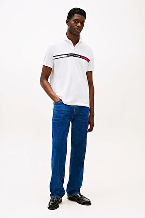 Erkek Regular Fit Göğsü Şeritli ve Yazılı Polo Yaka T-Shirt - Beyaz | XS