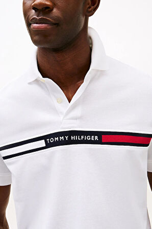 Erkek Regular Fit Göğsü Şeritli ve Yazılı Polo Yaka T-Shirt - Beyaz | XS