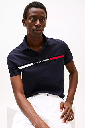 Erkek Regular Fit Göğsü Şeritli ve Yazı Nakışlı Polo Yaka T-Shirt - Lacivert | XS