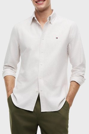 Tommy Hilfiger % 100 Pamuk Regular Fit Çizgili Gömlek Erkek GÖMLEK MW0MW36238 0AA BEJ