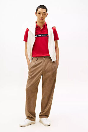 Erkek Regular Fit Göğsü Şeritli ve Yazı Nakışlı Polo Yaka T-Shirt - Kırmızı | XS