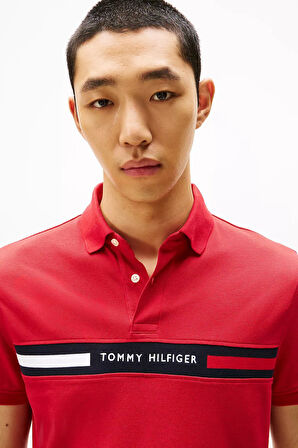 Erkek Regular Fit Göğsü Şeritli ve Yazı Nakışlı Polo Yaka T-Shirt - Kırmızı | XS