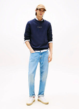 Tommy Hilfiger Bisiklet Yaka Mavi Erkek Sweatshırt MW0MW37471DW5_SMALL TOMMY LOGO CREW