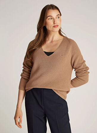 Tommy Hilfiger V Yaka Normal Kahve Kazak Kadın WW0WW44452RBC