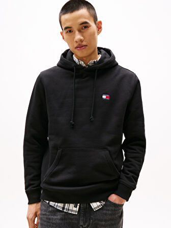 TOMMY HILFIGER Erkek Marka Logolu Kapüşonlu  Organik Pamuklu Kanguru Ceplli Günlük Kullanıma Uygun Siyah Sweatshirt DM0DM20258 BDS