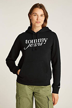 Kadın Tjw Logo Kapüşonlu Sweatshirt - Siyah | XL