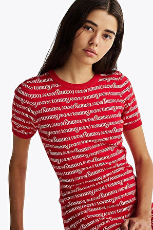 Tommy Hilfiger Kadın Kırmızı Baskılı Mini Kazak Elbise