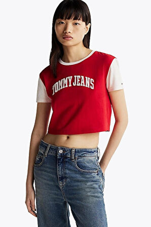 Tommy Hilfiger Kadın Kırmızı Logolu  Crop T-Shirt