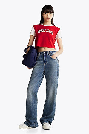 Tommy Hilfiger Kadın Kırmızı Logolu  Crop T-Shirt