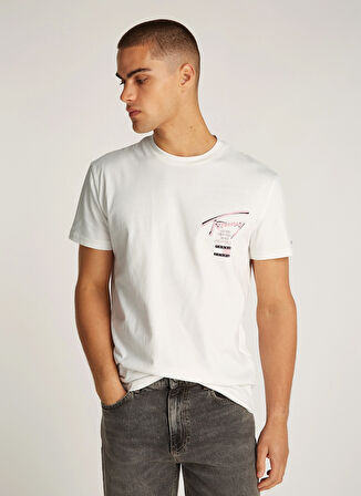 Tommy Hilfiger Bisiklet Yaka Ekru Erkek T-Shirt DM0DM21106YBL TJM REG TOMMY SIGN