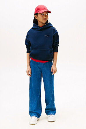 Unisex Çocuk Kapüşonlu Minimal Logo Baskılı Sweatshirt - Lacivert | 16 Yaş