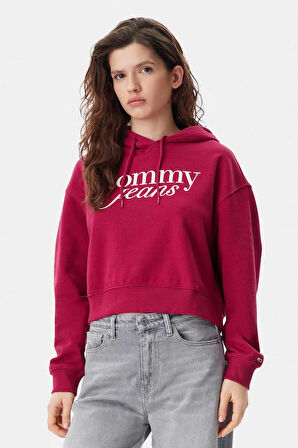 Kadın Tjw Script Logo Kapüşonlu Sweatshirt - Bordo | M