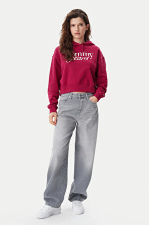 Kadın Tjw Script Logo Kapüşonlu Sweatshirt - Bordo | XL