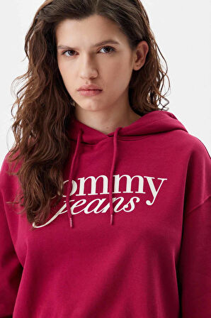 Kadın Tjw Script Logo Kapüşonlu Sweatshirt - Bordo | XL