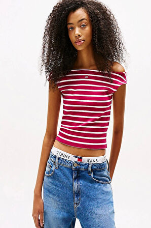 Tommy  Jeans Kadın   Çizgili Tekne Yaka Slim T-Shirt
