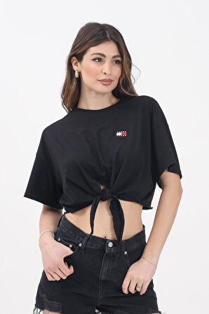 Kadın Tjw Rozetli Kırpılmış Düğümlü T-Shirt - Siyah | S