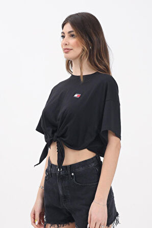 Kadın Tjw Rozetli Kırpılmış Düğümlü T-Shirt - Siyah | S