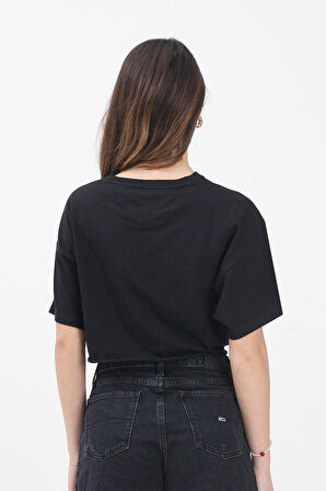 Kadın Tjw Rozetli Kırpılmış Düğümlü T-Shirt - Siyah | S
