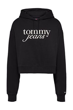 Kadın Tjw Script Logo Kapüşonlu Sweatshirt - Siyah | XS