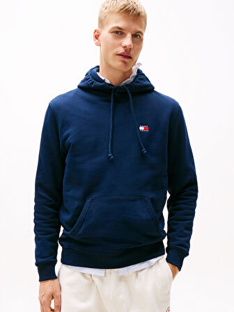 TOMMY HILFIGER Erkek Marka Logolu Kapüşonlu  Organik Pamuklu Kanguru Ceplli Günlük Kullanıma Uygun Lacivert Sweatshirt DM0DM20258 C1G