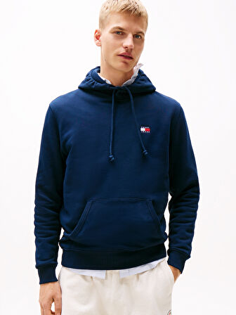 TOMMY HILFIGER Erkek Marka Logolu Kapüşonlu  Organik Pamuklu Kanguru Ceplli Günlük Kullanıma Uygun Lacivert Sweatshirt DM0DM20258 C1G