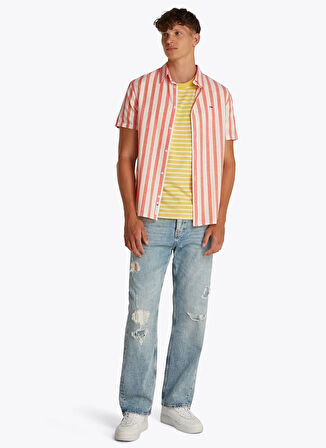 Tommy Jeans Regular Fit Turuncu Çizgili Erkek Gömlek DM0DM208940FB TJM REG LINEN BLEND