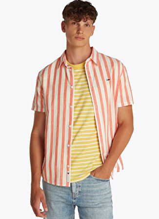 Tommy Jeans Regular Fit Turuncu Çizgili Erkek Gömlek DM0DM208940FB TJM REG LINEN BLEND