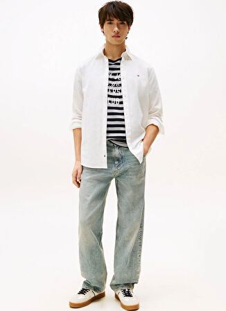 Tommy Jeans Regular Fit Ekru Düz Erkek Gömlek DM0DM20875YBL TJM REG LINEN BLEND
