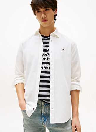 Tommy Jeans Regular Fit Ekru Düz Erkek Gömlek DM0DM20875YBL TJM REG LINEN BLEND