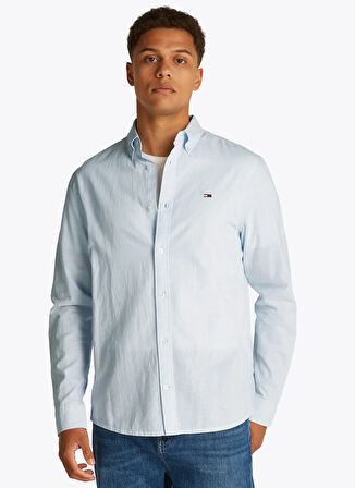 Tommy Jeans Regular Fit Mavi Düz Erkek Gömlek DM0DM20875C3Q TJM REG LINEN BLEND
