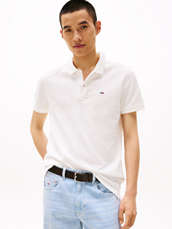 TOMMY HILFIGER Erkek Marka Logolu Organik Pamuklu Polo Yakalı Kısa  Kollu Günlük Kullanıma Uygun Şık Görünümlü Beyaz1 Polo Yaka T-Shirt DM0DM20676 YBL