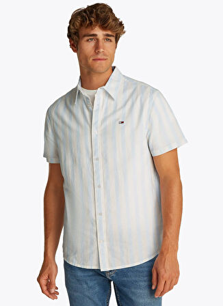 Tommy Jeans Regular Fit Mavi Çizgili Erkek Gömlek DM0DM208940FF TJM REG LINEN BLEND