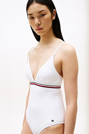 Kadın Th Global Stripe Derin Yaka Tek Parça Mayo - Beyaz | M