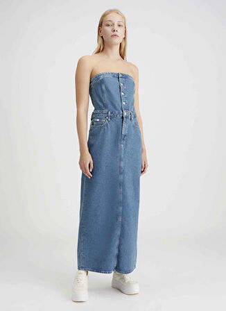 Calvin Klein Jeans Straplez Yaka Düz Mavi Uzun Kadın Elbise STRAPLESS MAXI DRESS