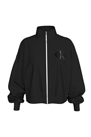 Kadın SATIN APPLIQUE ZIP-THROUGH Sweatshirt-Siyah | S