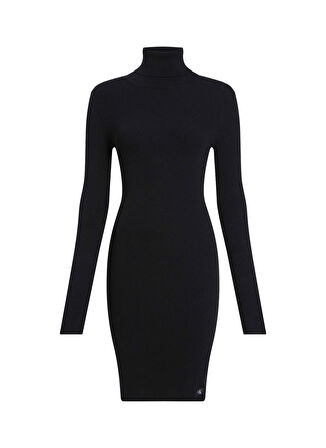 Calvin Klein Jeans Balıkçı Yaka Düz Siyah Kısa Kadın Elbise WOVEN LABEL TIGHT SWEATER DRESS