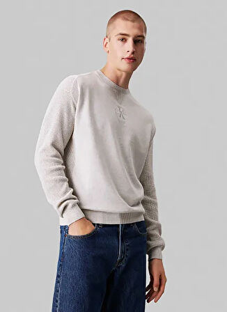 Calvin Klein Jeans Bisiklet Yaka Regular Fit Nakışlı Gri Erkek Kazak J30J325671P6G MONOLOGO SWEATER