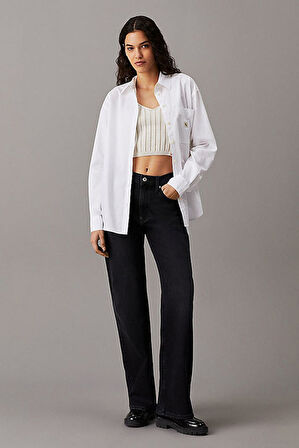 Kadın Woven Label Relaxed Gömlek - Beyaz | XXS