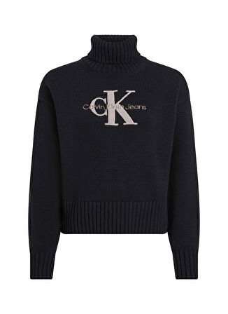 Calvin Klein Jeans Balıkçı Yaka Standart Nakışlı Siyah Kazak Kadın CHENILLE MONOLOGO SWEATER