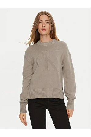 Kadın Bej Kazak - Ck Intarsia Loose Sweater, Yarım Boyun Tasarım J20j224224