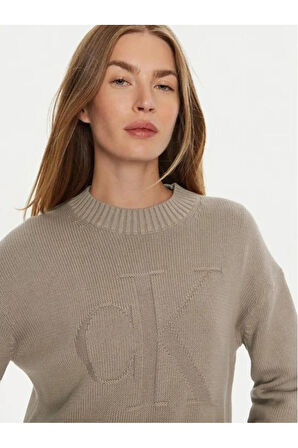 Kadın Bej Kazak - Ck Intarsia Loose Sweater, Yarım Boyun Tasarım J20j224224