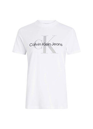 Calvin Klein Jeans Yuvarlak Yaka Baskılı Beyaz Kadın T-Shirt SS MONOLOGO ARCHIVE JERSEY