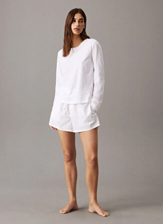 Calvin Klein Yuvarlak Yaka Düz Beyaz Kadın T-Shirt LONGSLEEVE CLASSIC